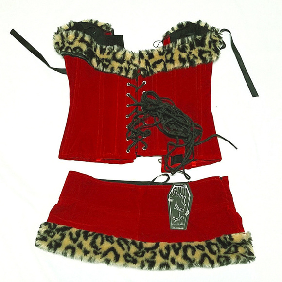 Living Dead Souls Other - Red Velvet Corset w Faux Leopard Fur & Micro Skirt